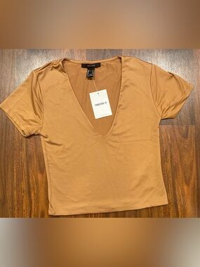 Forever 21 Women's Deep V Crop Top - Camel Brown
